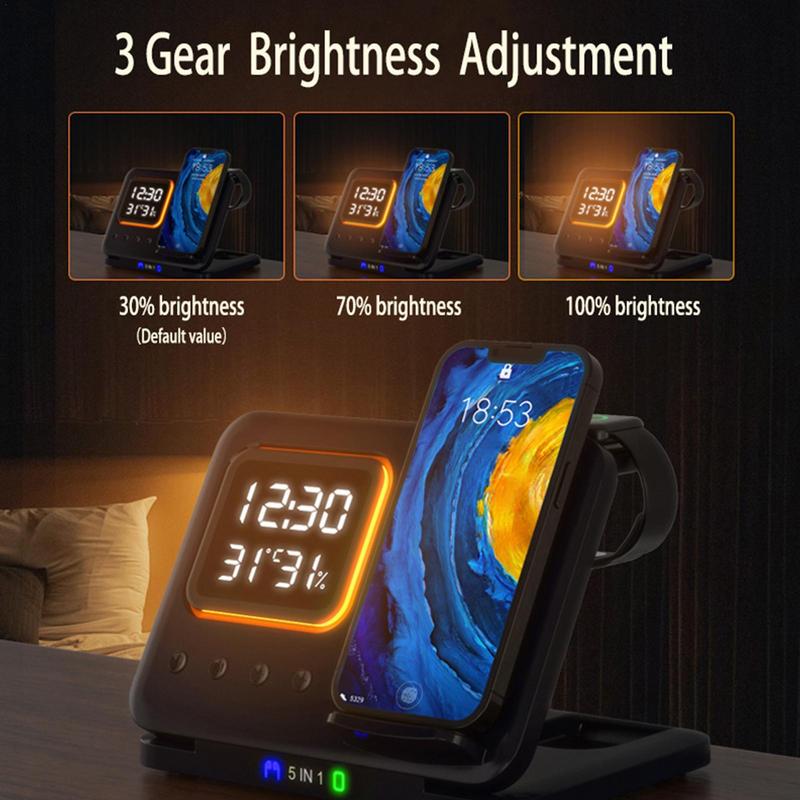 15W Wireless Chargers Stand 5 in 1 LED Digital Alarm Clock Fast Charging Dock — view 5