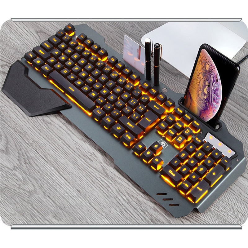 Ergonomicwired Gaming Keyboard with RGB Backlight Phone Holder