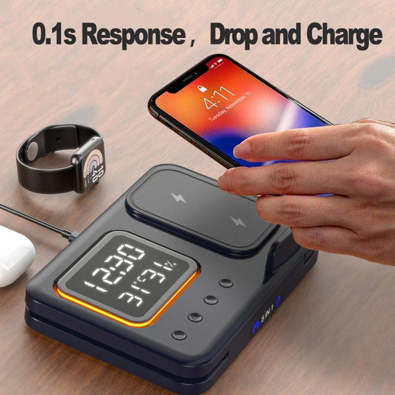 15W Wireless Chargers Stand 5 in 1 LED Digital Alarm Clock Fast Charging Dock — view 4
