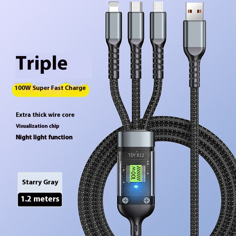Mobile Phone Data Cable One-to-three Digital Display with Light Three-in-one