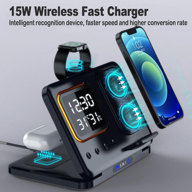 15W Wireless Chargers Stand 5 in 1 LED Digital Alarm Clock Fast Charging Dock — view 2