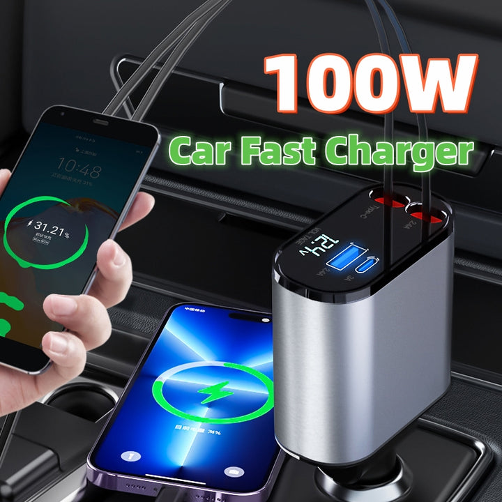 Metal Car Charger 100W Super Fast Charging Car Cigarette Lighter USB and Type-C