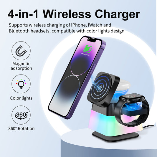 4 in 1 Rotatable Colorful Lighting Wireless Charger Stand for Phone 15 14 13 12