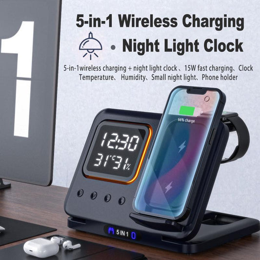 15W Wireless Chargers Stand 5 in 1 LED Digital Alarm Clock Fast Charging Dock