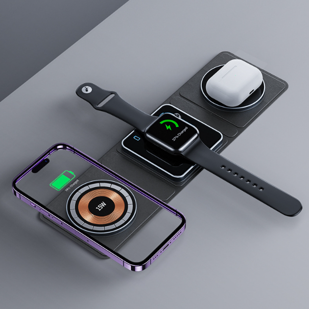 3 in 1 Magnetic Folding Wireless Charger Station for iPhone Transparent Fast