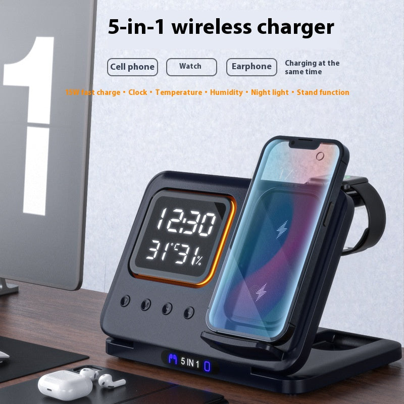 15W Wireless Chargers Stand 5 in 1 LED Digital Alarm Clock Fast Charging Dock — view 6